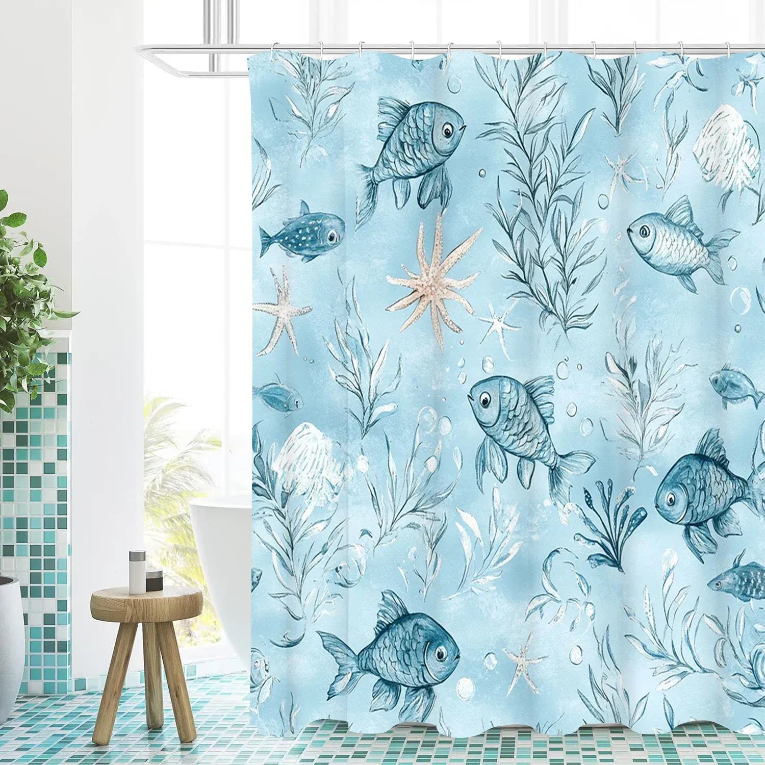 jds-250529006350 / W90xH180cm Rideau de Douche Motif Poissons – Design Marin, Étanche avec 12 Crochets Inclus