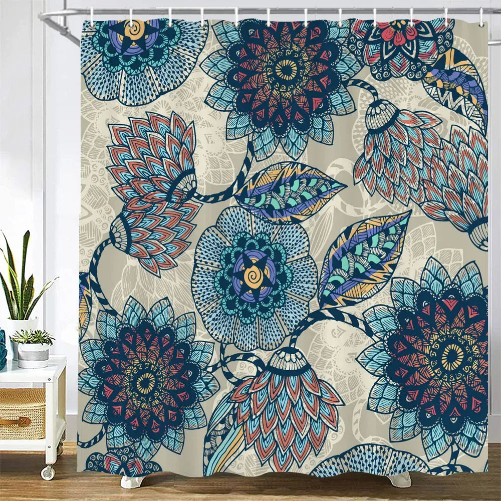 JK4116 / W180xH240cm Tenture Ethnique de Salle de Bain – Rideau 3D Mandala Boho Waterproof pour Baignoire avec Accessoires Inclus