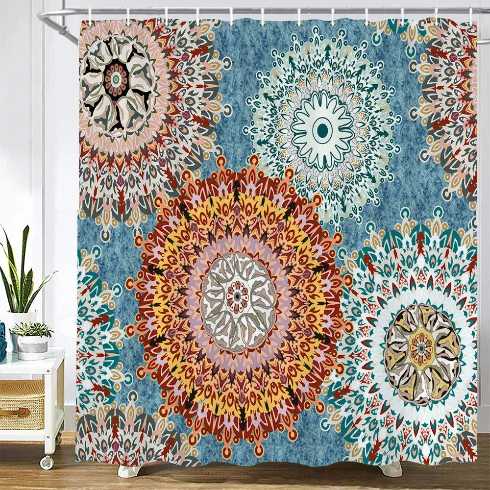 JK4152 / W180xH200cm Tenture Ethnique de Salle de Bain – Rideau 3D Mandala Boho Waterproof pour Baignoire avec Accessoires Inclus