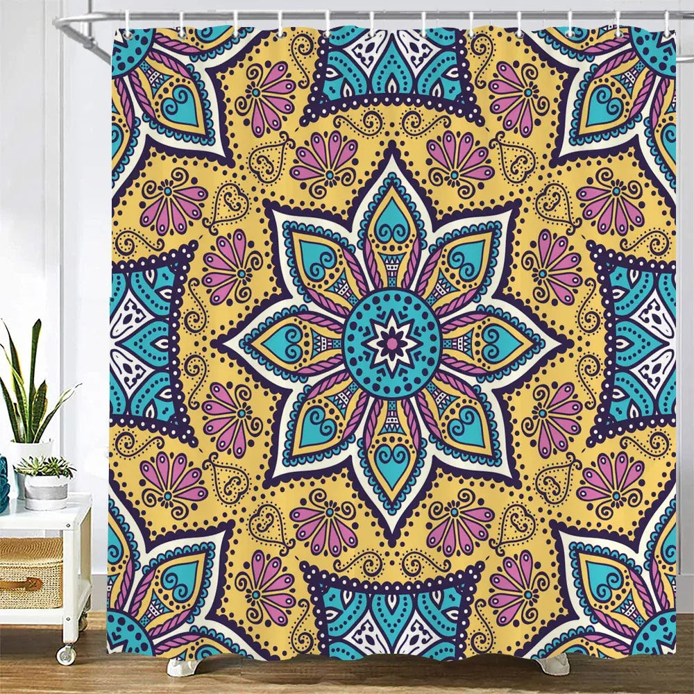 JK4278 / W180xH210cm Tenture Ethnique de Salle de Bain – Rideau 3D Mandala Boho Waterproof pour Baignoire avec Accessoires Inclus