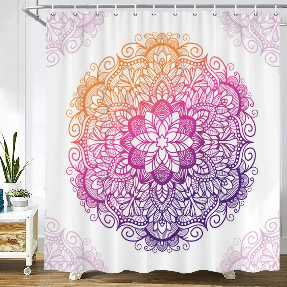 JK4289 / W240xH180cm Tenture Ethnique de Salle de Bain – Rideau 3D Mandala Boho Waterproof pour Baignoire avec Accessoires Inclus