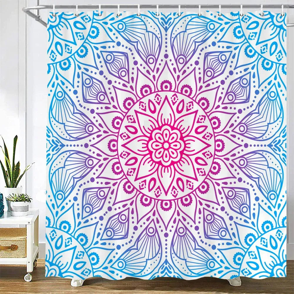 JK4292 / W90xH180cm Tenture Ethnique de Salle de Bain – Rideau 3D Mandala Boho Waterproof pour Baignoire avec Accessoires Inclus