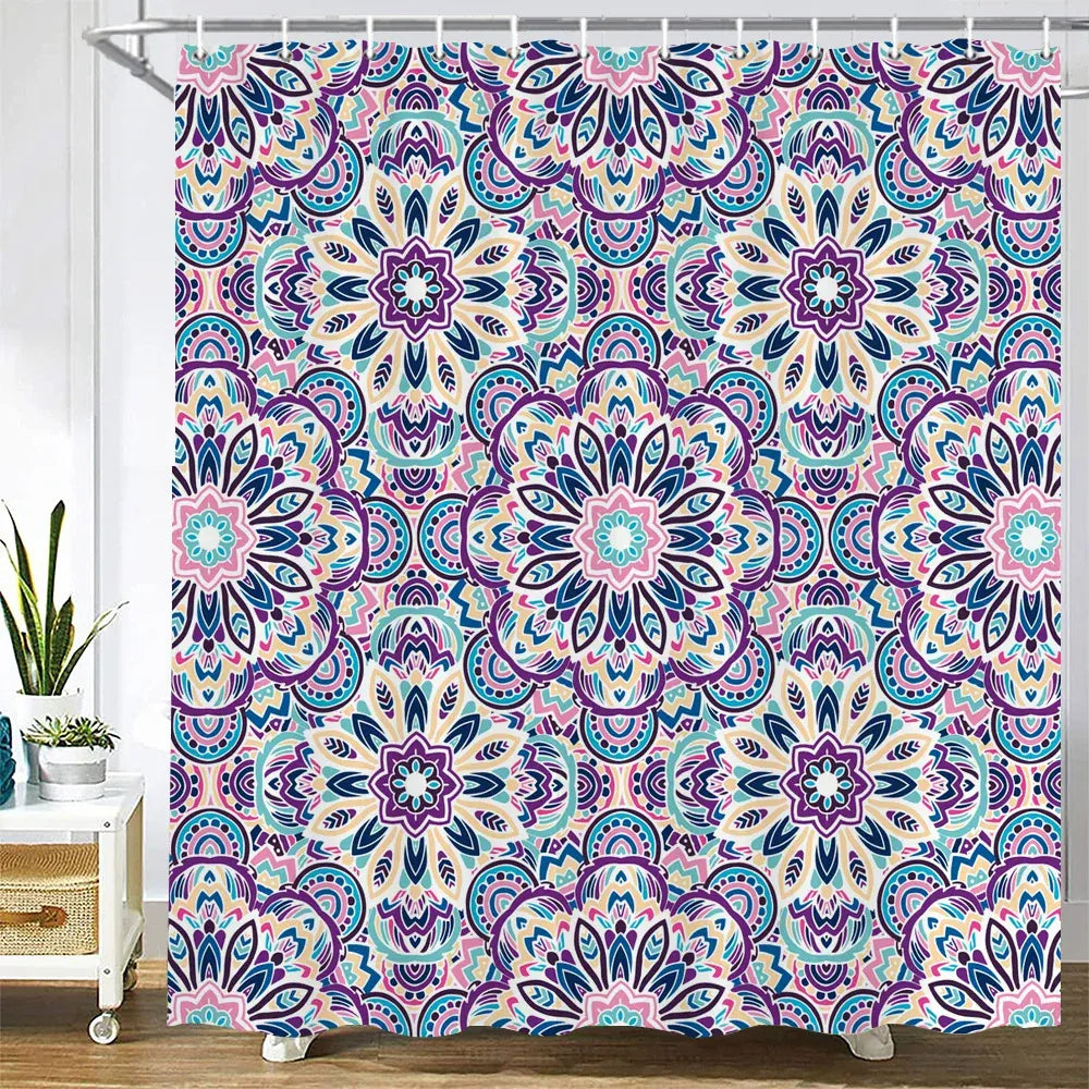 JK4297 / W150xH180cm Tenture Ethnique de Salle de Bain – Rideau 3D Mandala Boho Waterproof pour Baignoire avec Accessoires Inclus