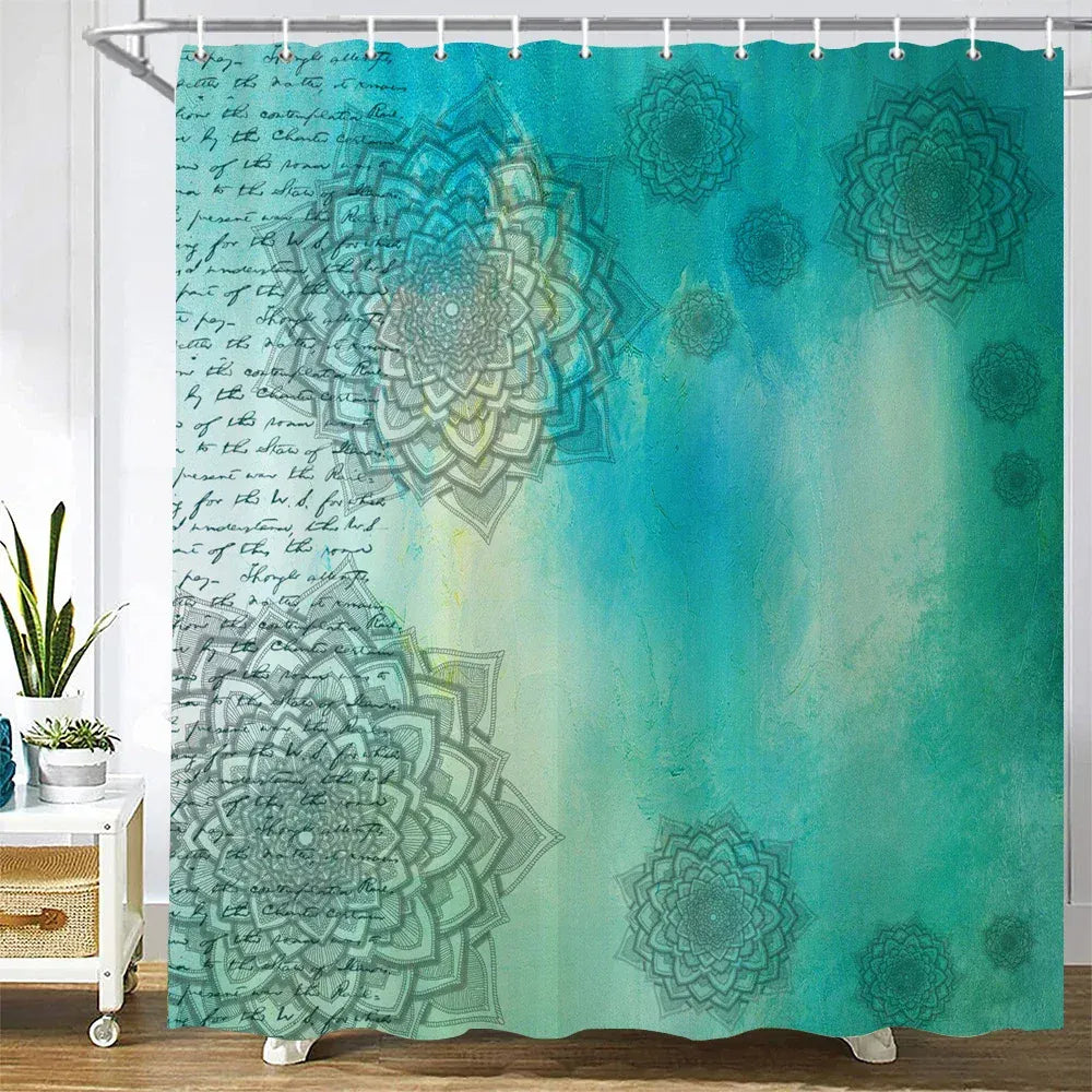 JK4300 / W120xH180cm Tenture Ethnique de Salle de Bain – Rideau 3D Mandala Boho Waterproof pour Baignoire avec Accessoires Inclus