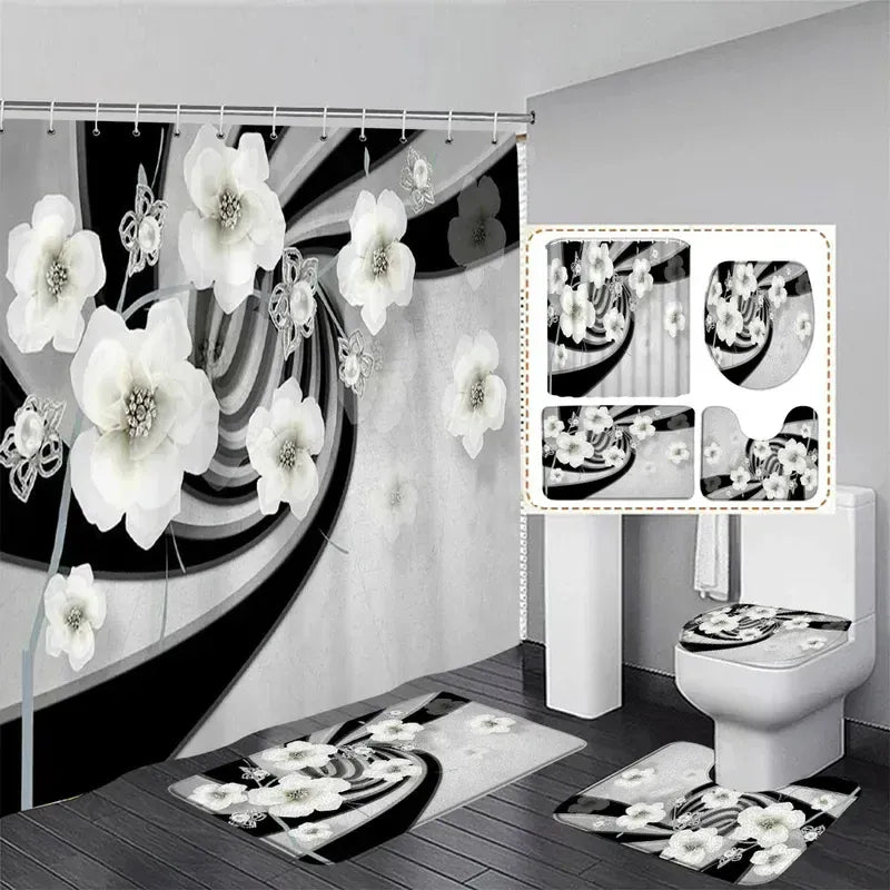 KL2502050713 / W120xH180cm Ensemble Complet Bain & Douche – Rideau Waterproof Cygne Blanc à Motifs Géométriques avec Accessoires Coordonnés