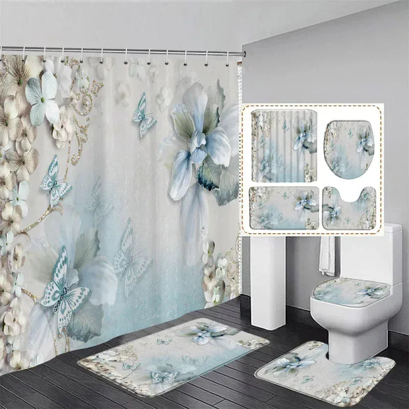 KL2502050714 / W180xH240cm Ensemble Complet Bain & Douche – Rideau Waterproof Cygne Blanc à Motifs Géométriques avec Accessoires Coordonnés