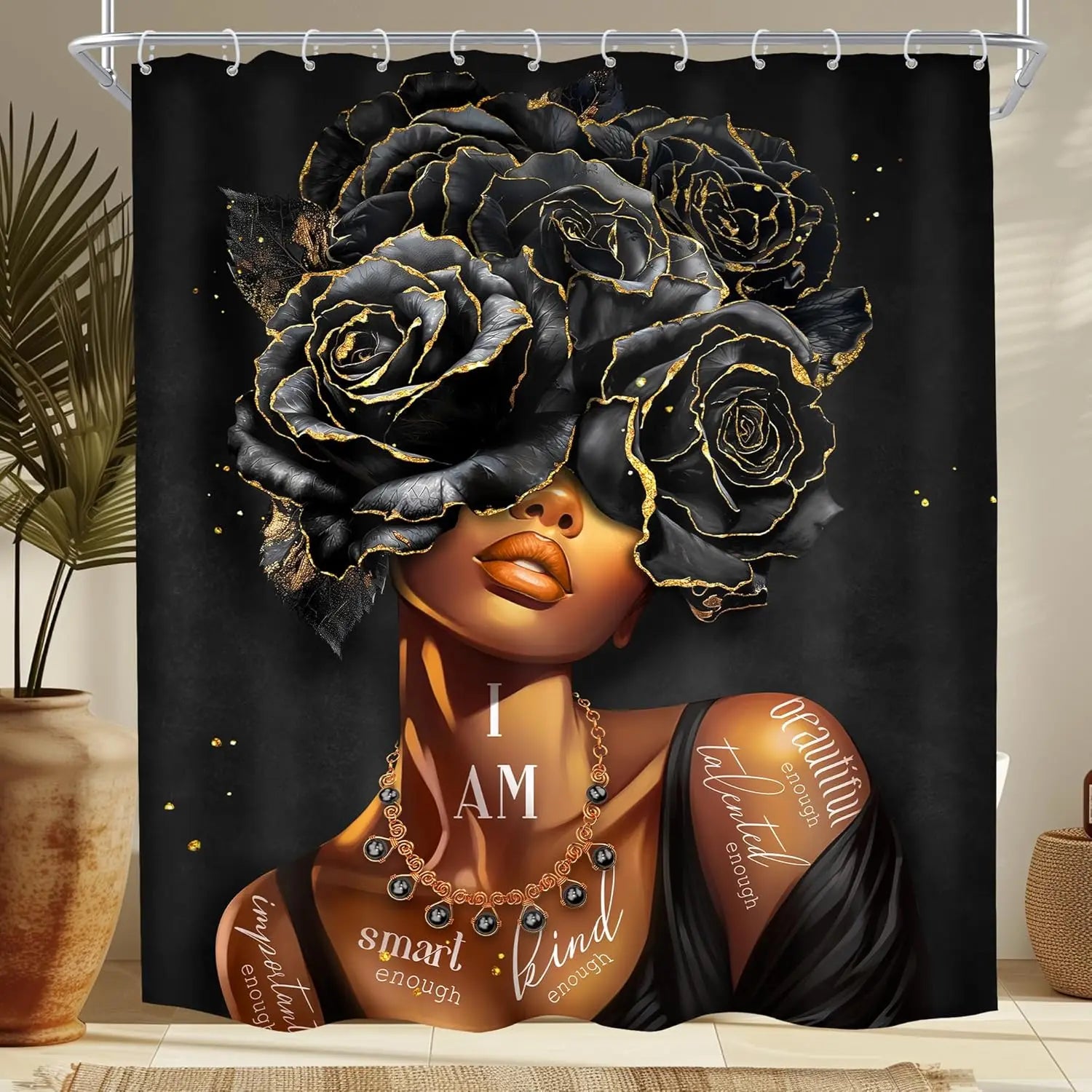 KL2509130790 / W120xH180cm Rideau de Douche Afro  – Portrait Féminin Noir, Citations Inspirantes, Fleurs Élégantes, Polyester Imperméable