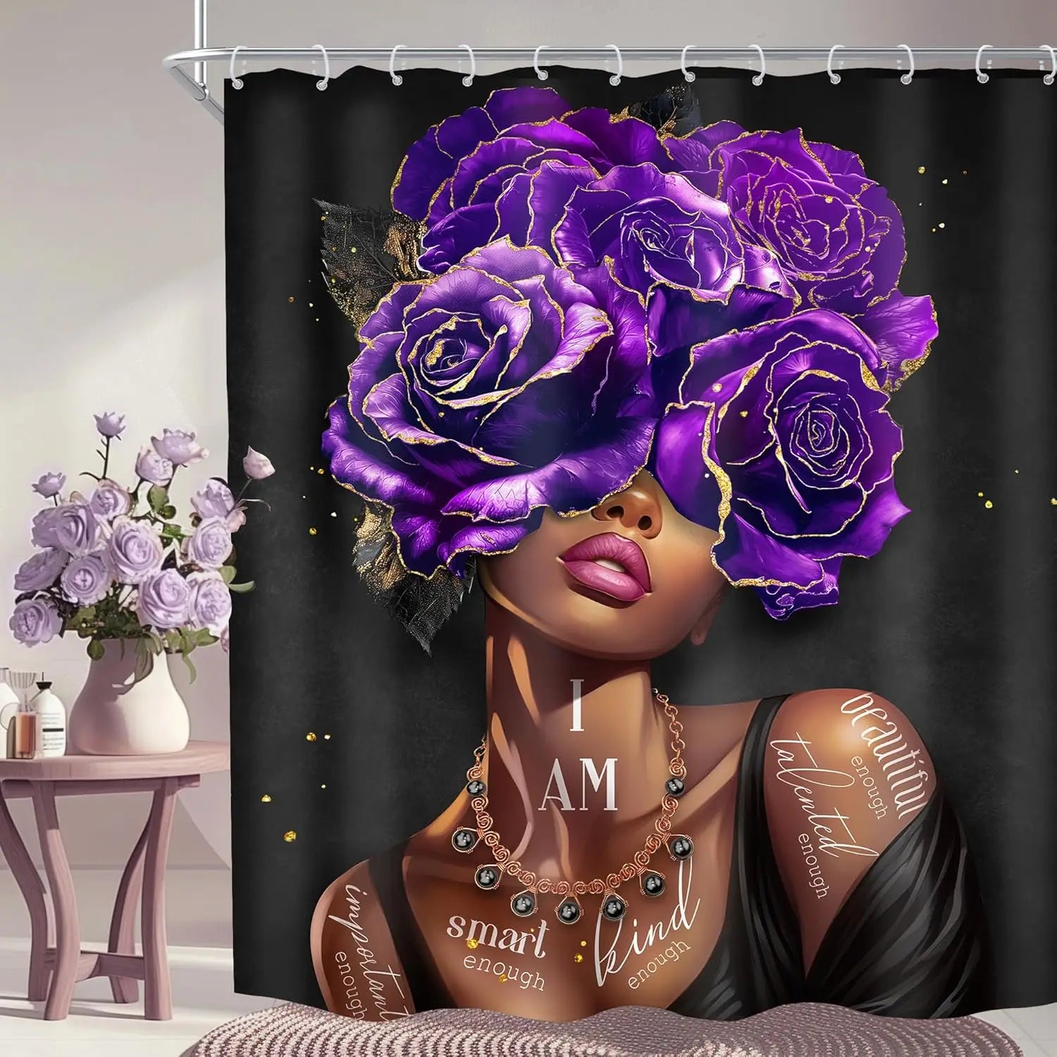 KL2509130791 / W120xH180cm 1 Rideau de Douche Afro  – Portrait Féminin Noir, Citations Inspirantes, Fleurs Élégantes, Polyester Imperméable