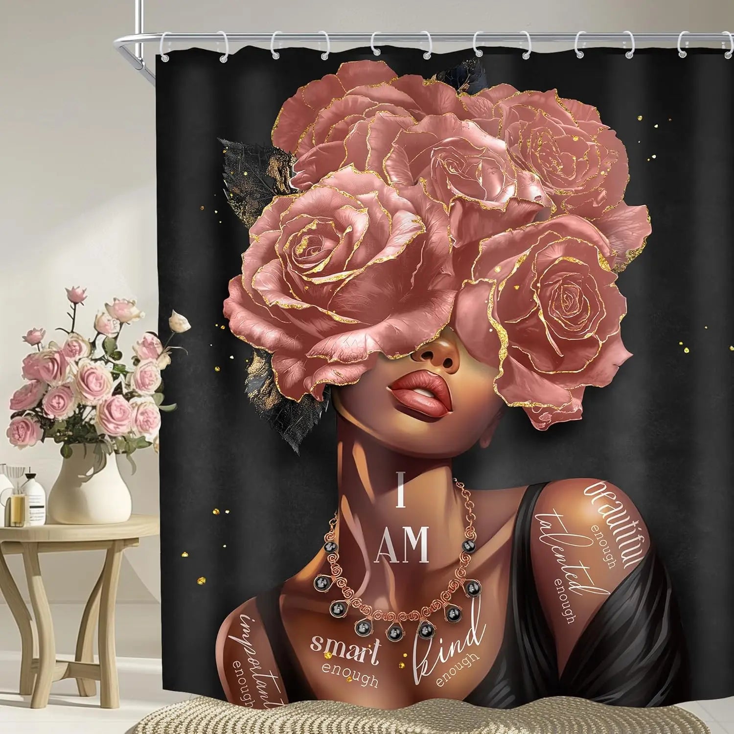 KL2509130792 / W180xH180cm Rideau de Douche Afro  – Portrait Féminin Noir, Citations Inspirantes, Fleurs Élégantes, Polyester Imperméable