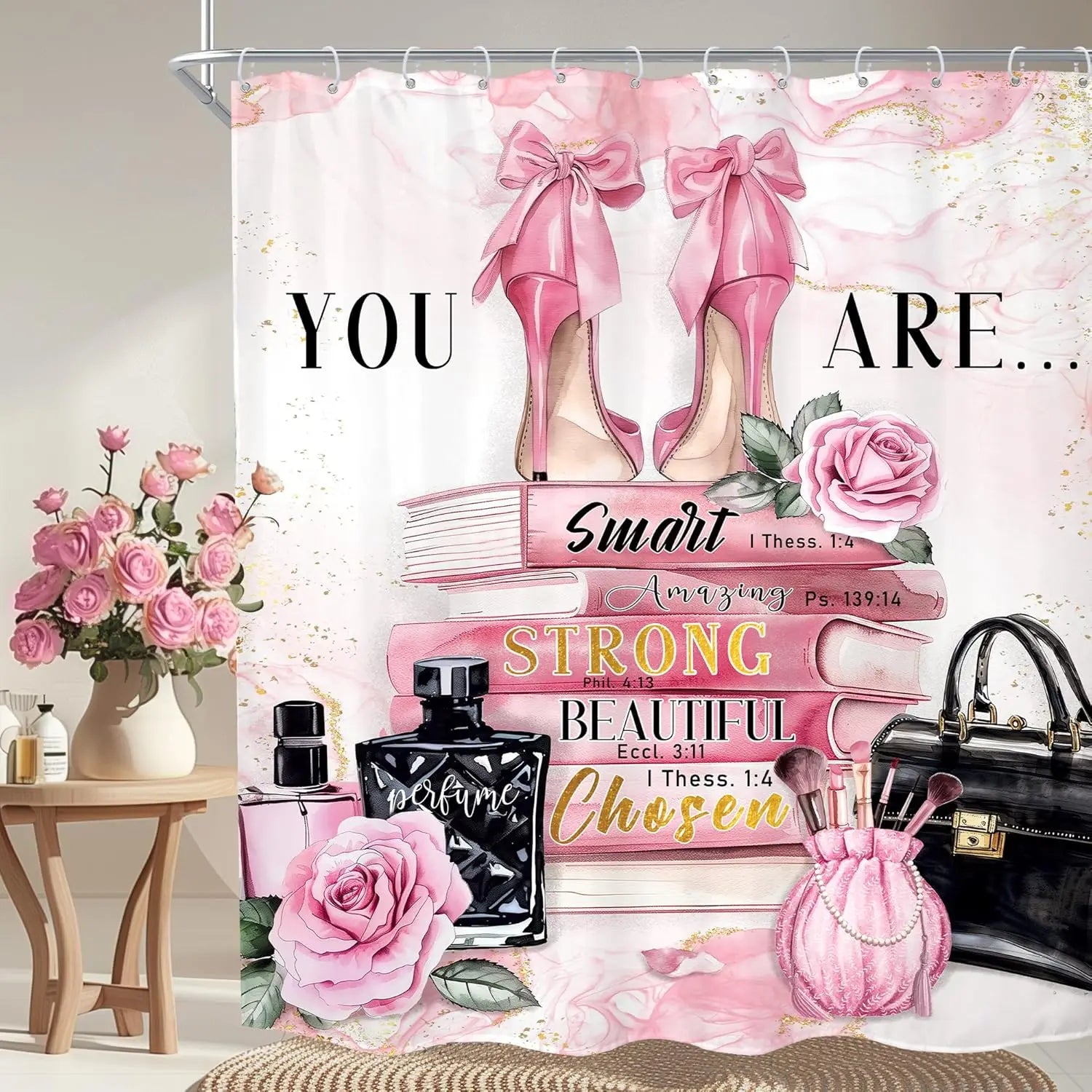 KL2509130793 / W165xH180cm Rideau de Douche Afro  – Portrait Féminin Noir, Citations Inspirantes, Fleurs Élégantes, Polyester Imperméable