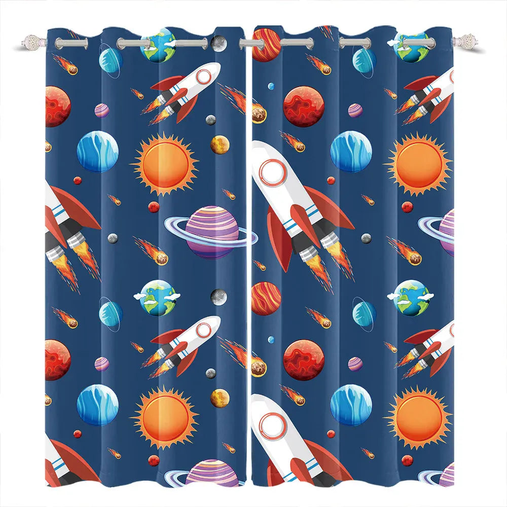 LBK00840 / 135x215cm 2pcs Rideaux Enfant Occultants – Motifs Baleine, Licorne, Espace & Éléphant, Décoration Chambre Garçon / Fille