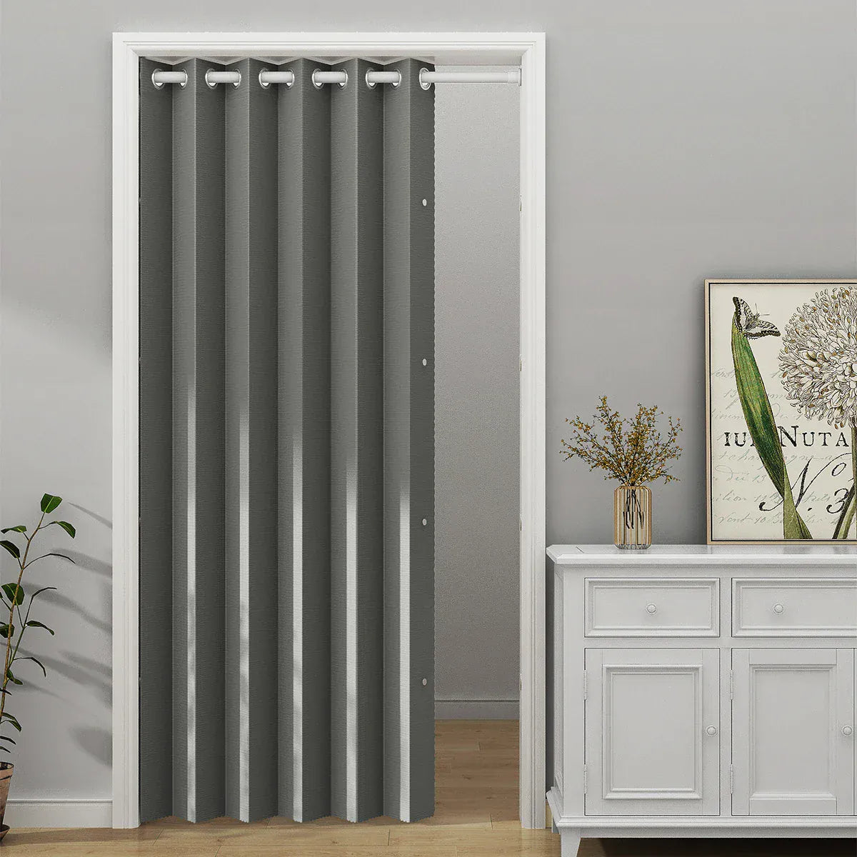 Light Grey / 1PCS W114 x H203cm Rideau de Porte Pliant Occultant Total – Uni, 10 cm de Plis, Pose Œillets, Séparation Intimité