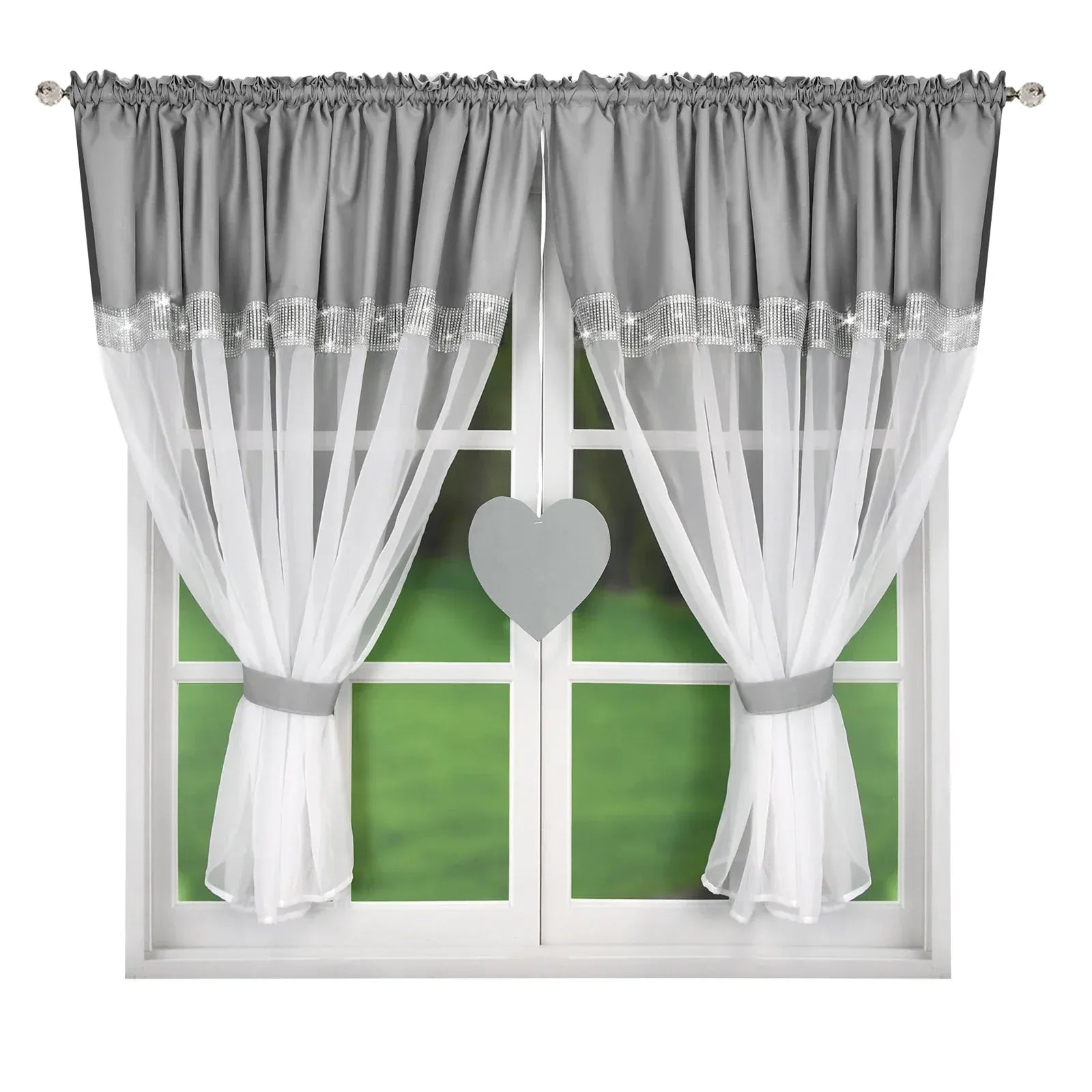 Light Grey / W150xH145cm 1pc / Pull Pleated Tape Rideaux Semi-Transparents avec Cœurs Argentés – Design Découpé Laser, Protection UV, 1 Pièce