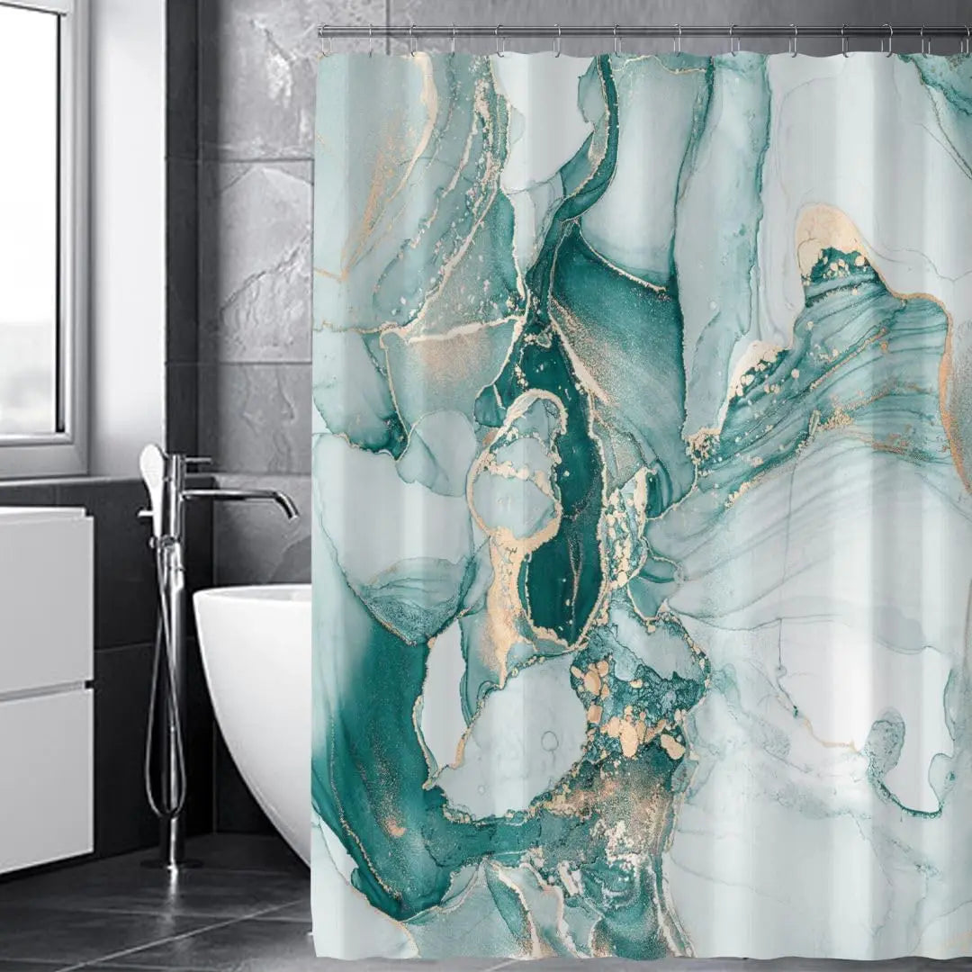 LK2509230232 / W165xH180cm Set Salle de Bain Marbre Bleu et Or – Rideau de Douche Luxe Étanche Motif Granit Abstrait