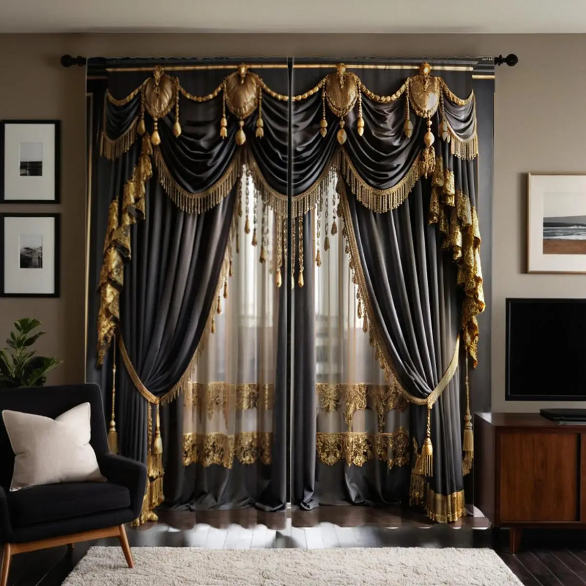 LY124 / 14Wx39L(35x100CM)x2 Ensemble de 2 Rideaux Décoratifs – Imprimés Indien Orné pour Chambre et Salon