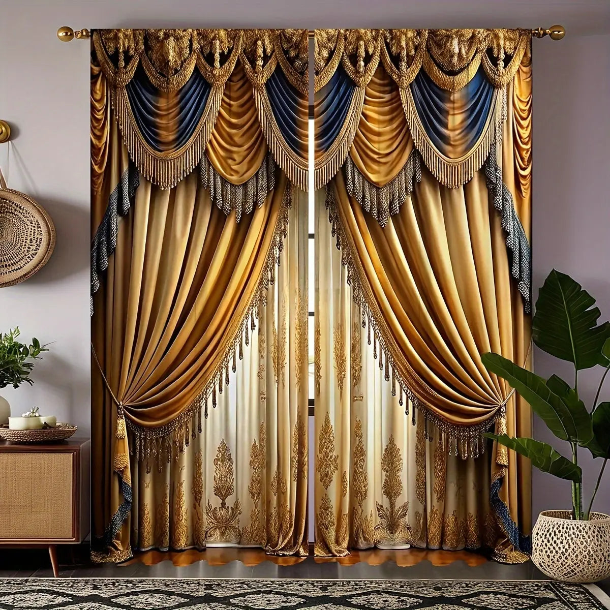 LY63 / 14Wx59L(35x150CM)x2 Ensemble de 2 Rideaux Décoratifs – Imprimés Indien Orné pour Chambre et Salon