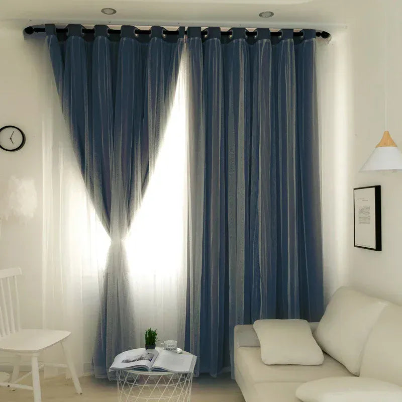 Navy Blue / 1 PCS W100 x H150cm / Grommet Top Rideaux Occultants Double Épaisseur – Tissu Épais Isolant avec Dentelle, Anti-UV pour Salon & Chambre