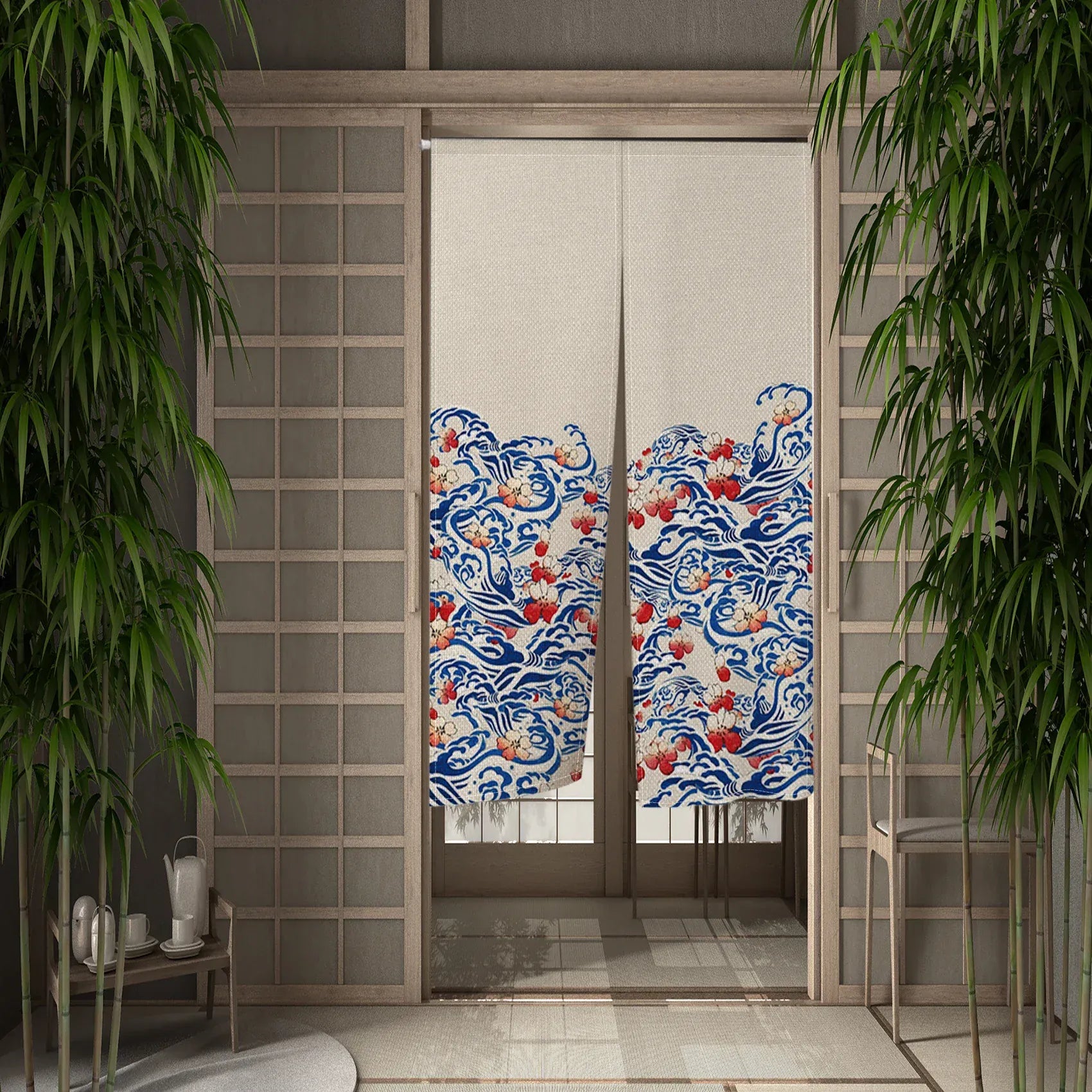 Noren Japonais Beige Motif Vague – Rideau de Porte Court, Séparateur de Pièce, Entrée Salon & Salle de Bain