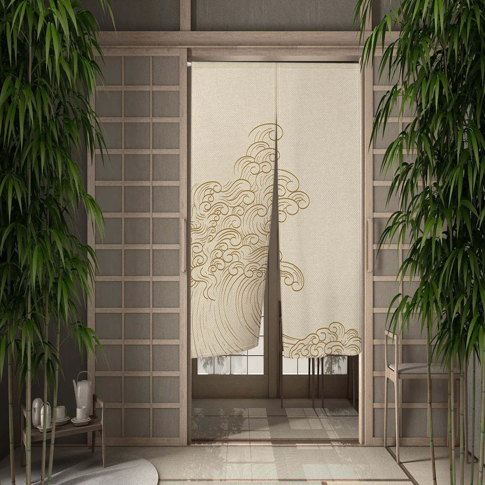 Noren Japonais Beige Motif Vague – Rideau de Porte Court, Séparateur de Pièce, Entrée Salon & Salle de Bain