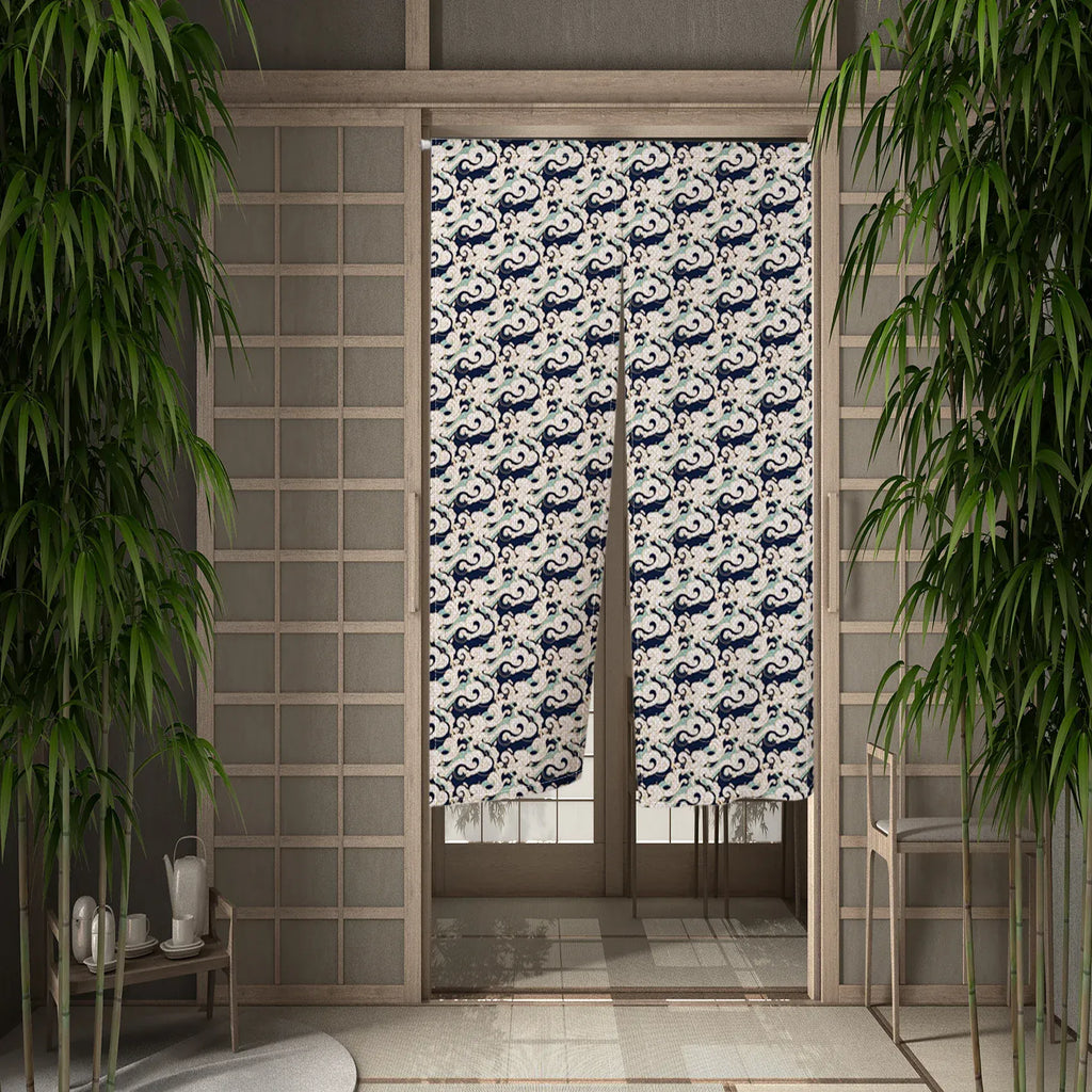 Noren Japonais Beige Motif Vague – Rideau de Porte Court, Séparateur de Pièce, Entrée Salon & Salle de Bain