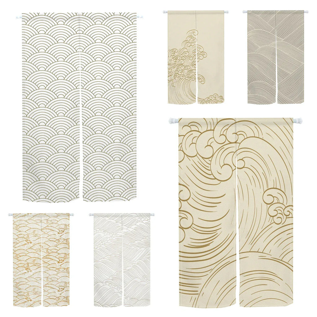 Noren Japonais Beige Motif Vague – Rideau de Porte Court, Séparateur de Pièce, Entrée Salon & Salle de Bain