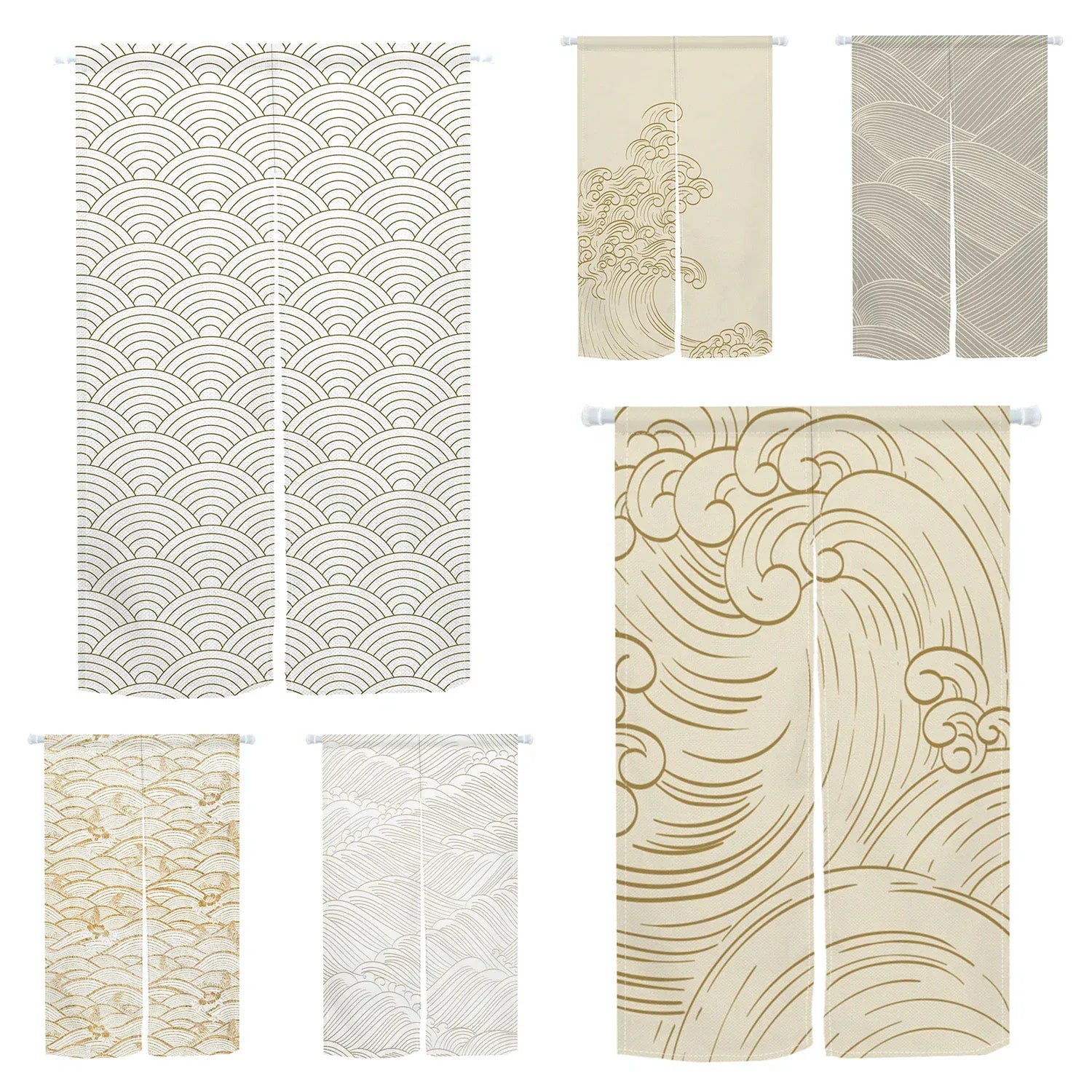 Noren Japonais Beige Motif Vague – Rideau de Porte Court, Séparateur de Pièce, Entrée Salon & Salle de Bain
