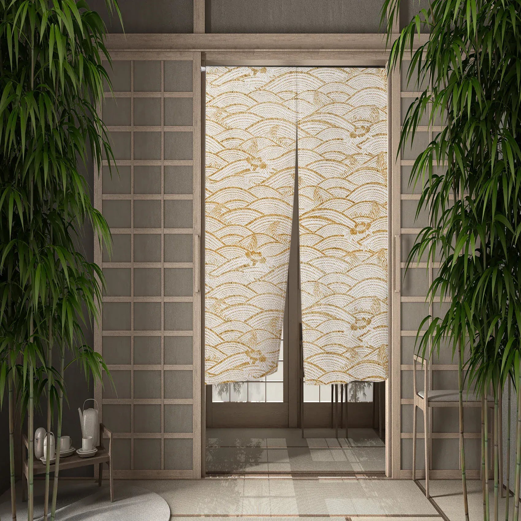 Noren Japonais Beige Motif Vague – Rideau de Porte Court, Séparateur de Pièce, Entrée Salon & Salle de Bain