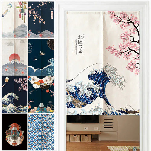 Noren Japonais en Lin – Mont Fuji et Vagues, Rideau Demi-Porte pour Séparation Chambre, Cuisine ou Entrée