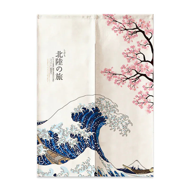 Noren Japonais en Lin – Mont Fuji et Vagues, Rideau Demi-Porte pour Séparation Chambre, Cuisine ou Entrée