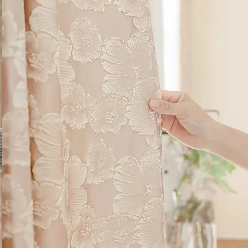 Pink / 1Piece W107 x H160CM / Grommet Top Rideaux Jacquard Luxe Bleu – Fleurs 3D en Relief avec Dorure Baroque Français, Semi-Occultants pour Salon