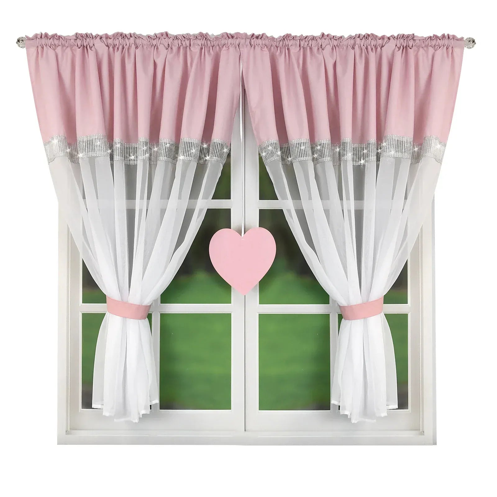 Pink / W200xH145cm 1pc / Pull Pleated Tape Rideaux Semi-Transparents avec Cœurs Argentés – Design Découpé Laser, Protection UV, 1 Pièce