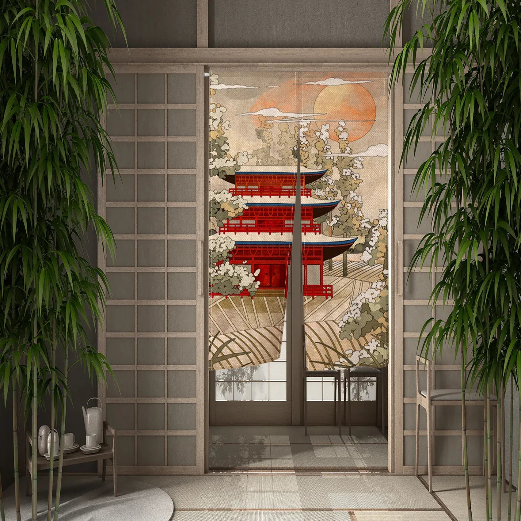 Portière Traditionnelle – Rideau Suspendu Style Asiatique Peinture à l’Encre pour Cloison ou Porte