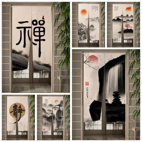 Portière Traditionnelle – Rideau Suspendu Style Asiatique Peinture à l’Encre pour Cloison ou Porte