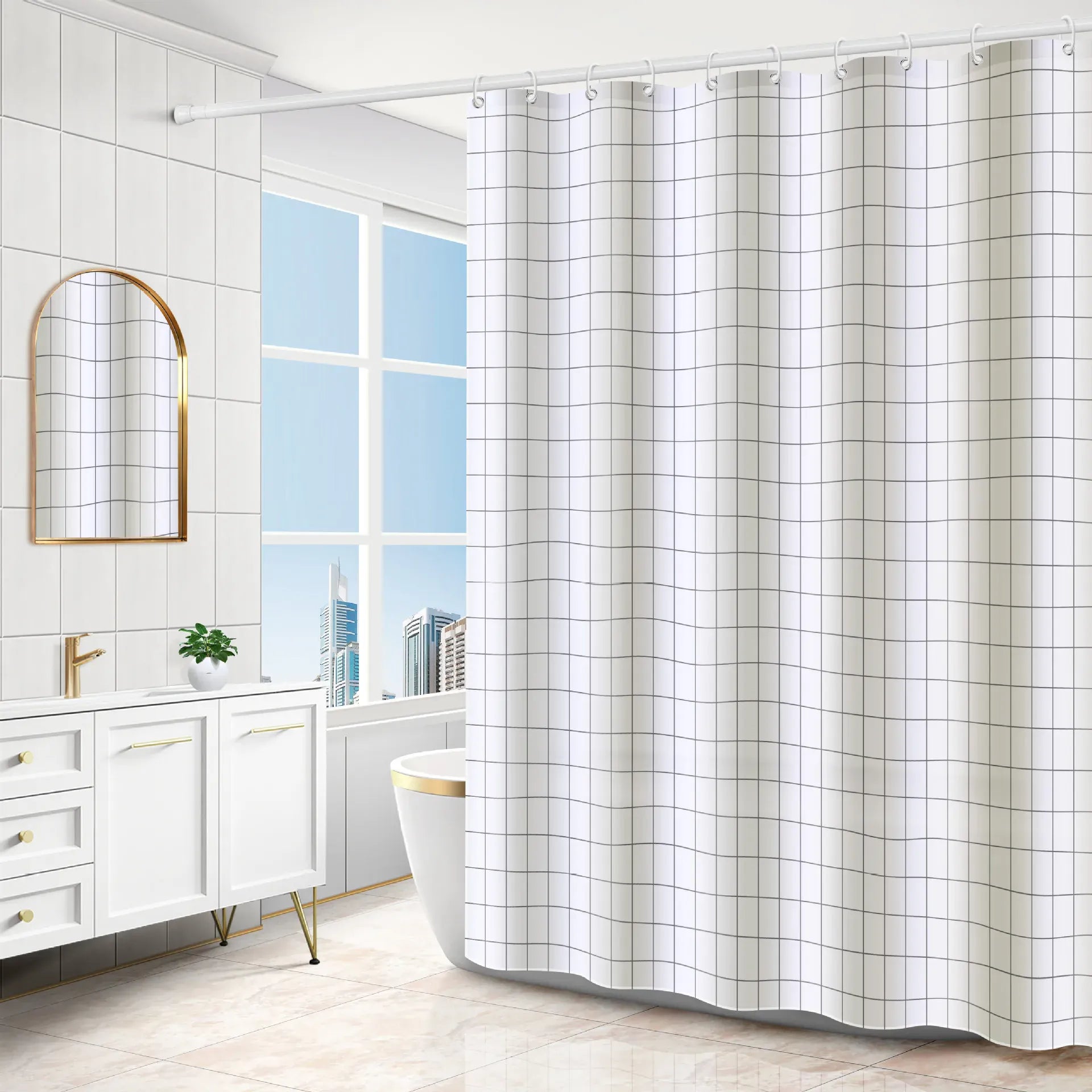 RBG / 150x180cm Rideau de Douche Translucide Anti-Moisissure – Motif Grille Moderne en PEVA Étanche Multi-Couleurs