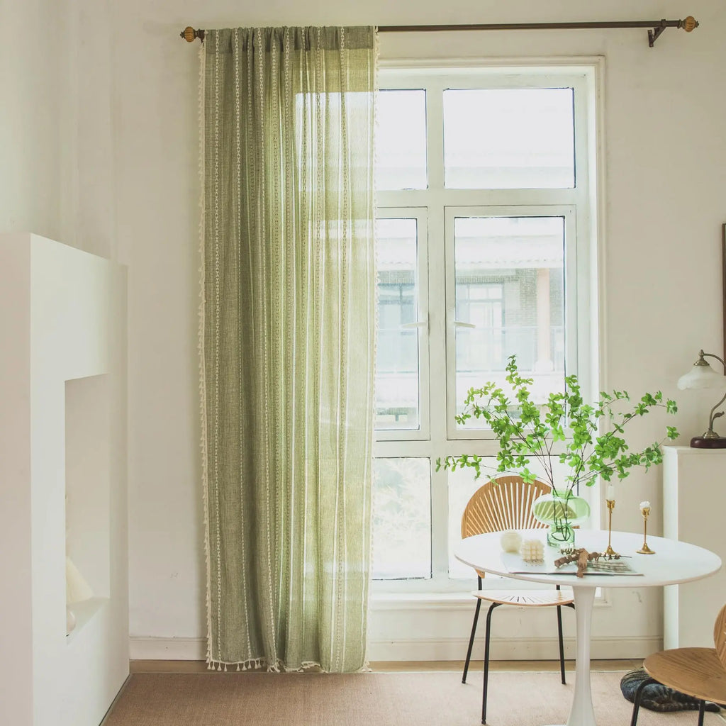 Rideau Bohème Rustiques – Broderie Texturée et Pompons Vintage, Pour Chambre, Salon ou Cuisine