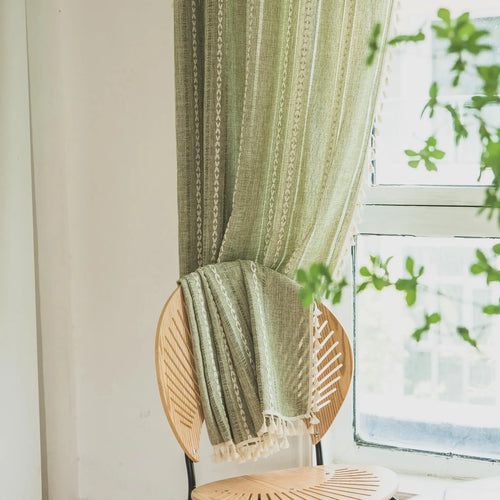 Rideau Bohème Rustiques – Broderie Texturée et Pompons Vintage, Pour Chambre, Salon ou Cuisine