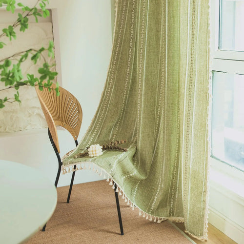 Rideau Bohème Rustiques – Broderie Texturée et Pompons Vintage, Pour Chambre, Salon ou Cuisine