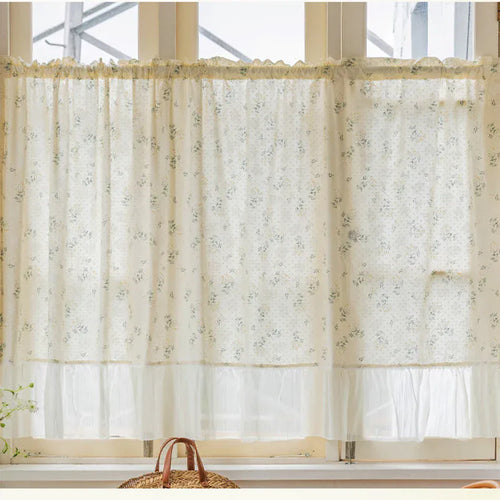 Rideau Court à Volants Rustiques en Mousseline – Style Français Fleuri, Demi-Rideau Passe-Tringle pour Cuisine ou Salon