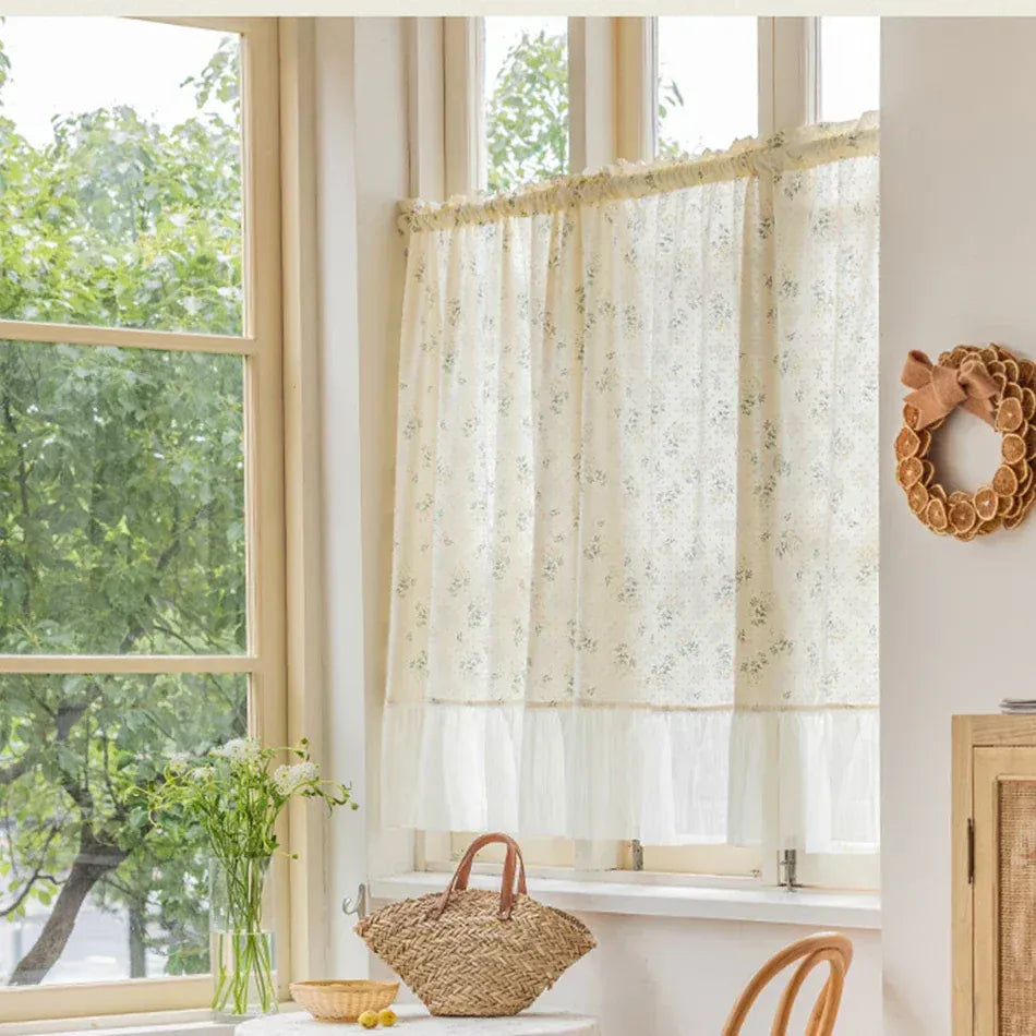 Rideau Court à Volants Rustiques en Mousseline – Style Français Fleuri, Demi-Rideau Passe-Tringle pour Cuisine ou Salon