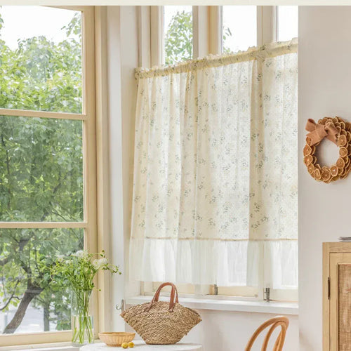 Rideau Court à Volants Rustiques en Mousseline – Style Français Fleuri, Demi-Rideau Passe-Tringle pour Cuisine ou Salon