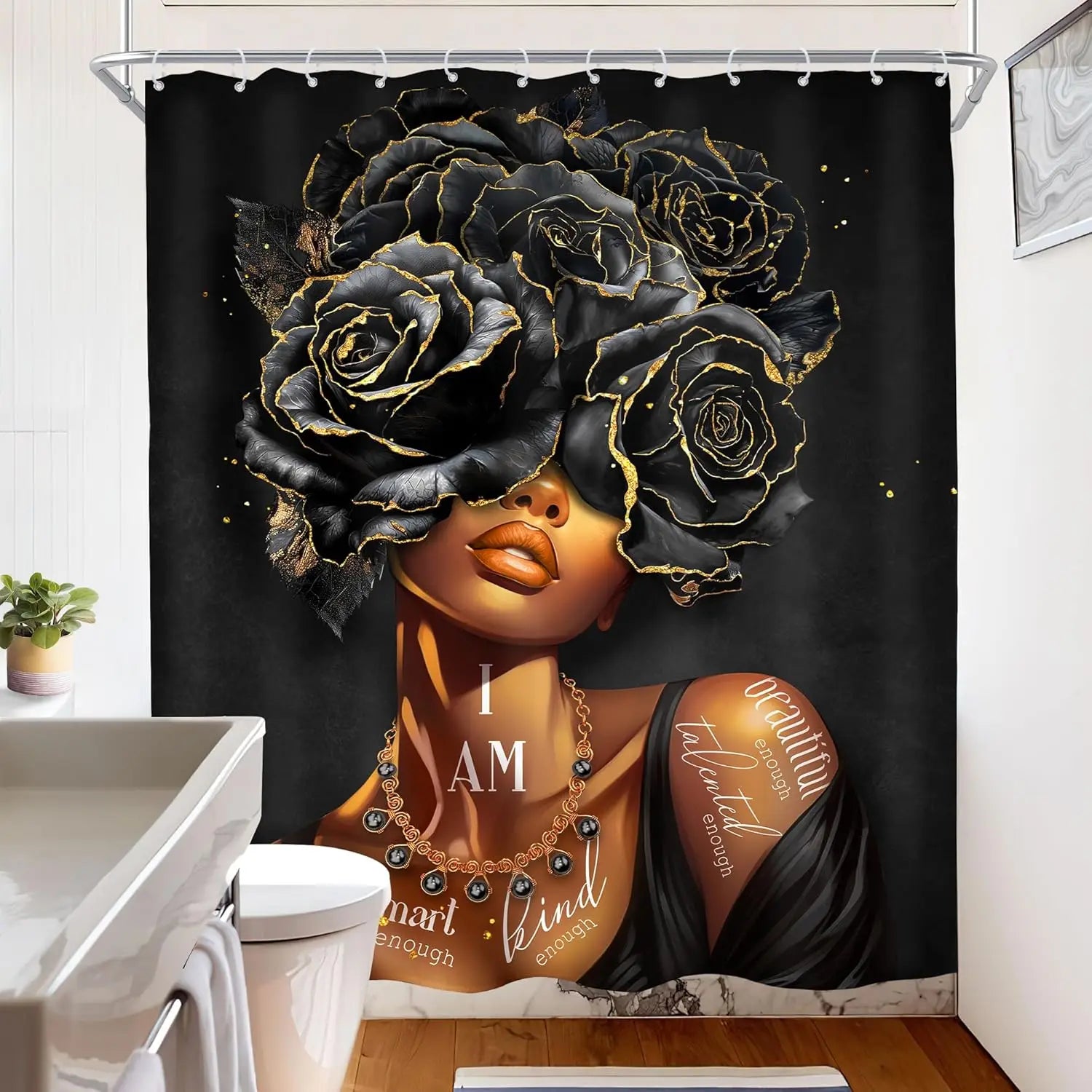 Rideau de Douche Afro  – Portrait Féminin Noir, Citations Inspirantes, Fleurs Élégantes, Polyester Imperméable