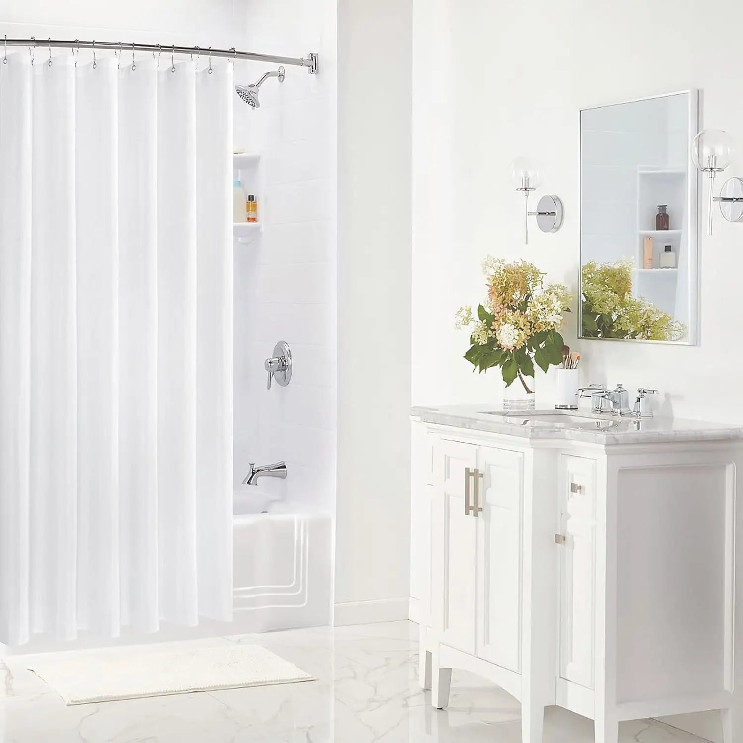 Rideau de Douche Blanc Uni – Polyester Waterproof, Bas Lesté et Ourlet Renforcé, Lavable en Machine