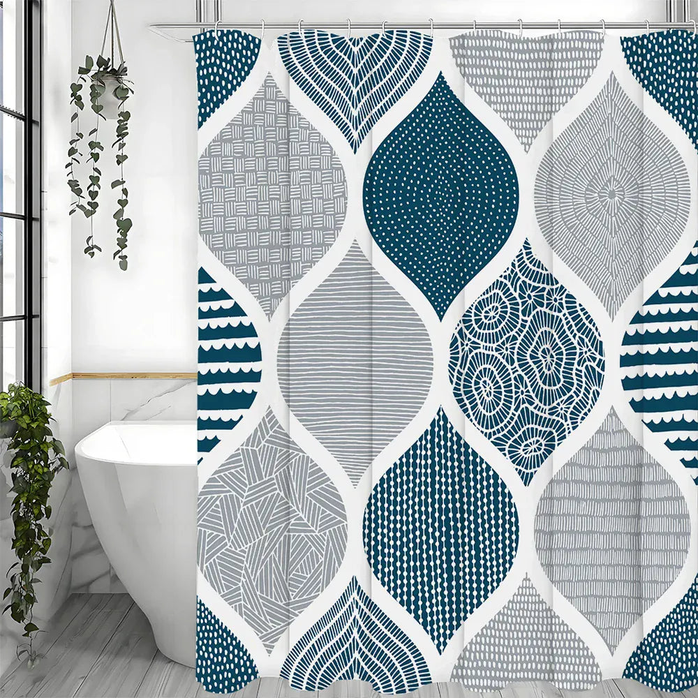 Rideau de Douche Bohème Bleu – Motif Géométrique Décoratif Étanche avec Crochets Inclus