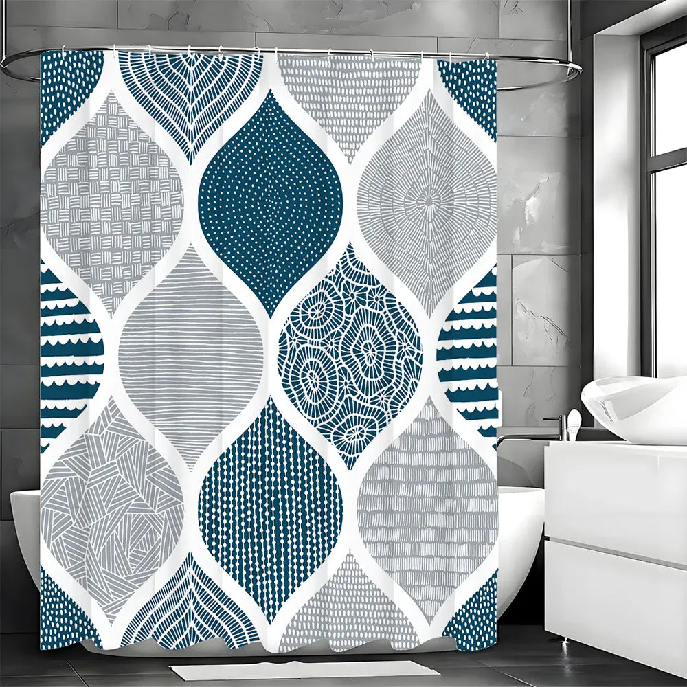 Rideau de Douche Bohème Bleu – Motif Géométrique Décoratif Étanche avec Crochets Inclus