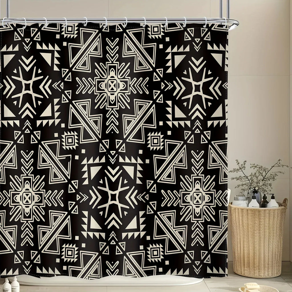 Rideau de Douche Bohème Tribal – Motifs Géométriques Afrique de l’Ouest et Amérindien avec Crochets