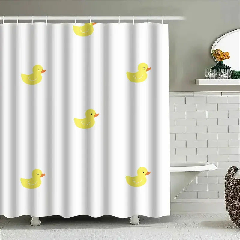 Rideau de Douche Enfant – Motif Uni Canard Jaune Imperméable avec Anneaux et Tapis Salle de Bain