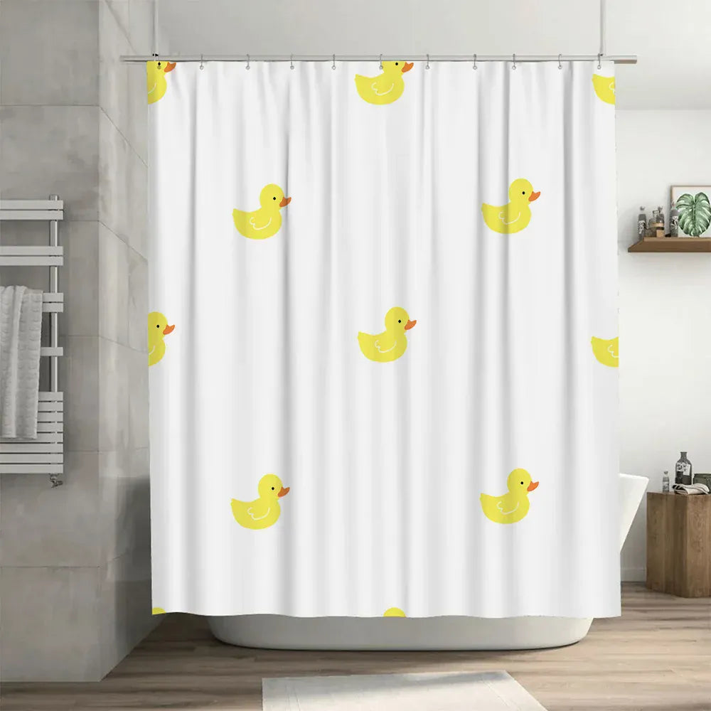 Rideau de Douche Enfant – Motif Uni Canard Jaune Imperméable avec Anneaux et Tapis Salle de Bain
