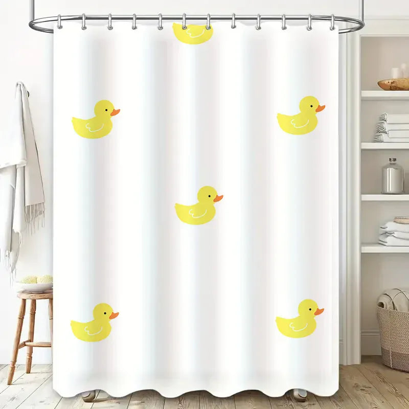 Rideau de Douche Enfant – Motif Uni Canard Jaune Imperméable avec Anneaux et Tapis Salle de Bain