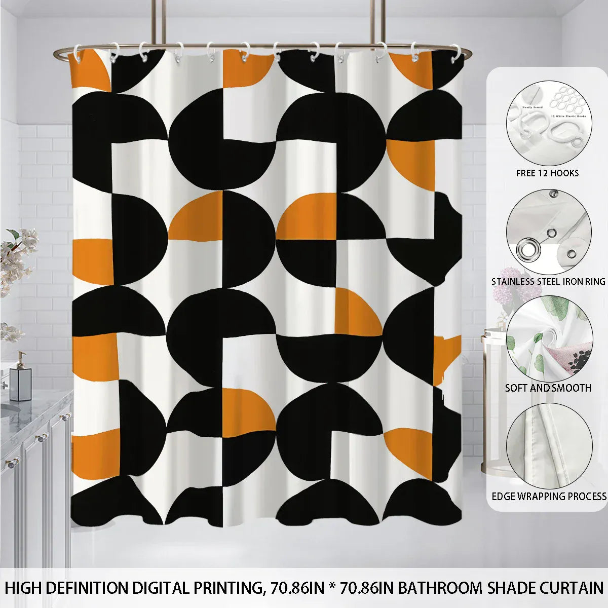 Rideau de Douche Étanche à Motifs Géométriques – Multi-tailles avec Crochets Inclus, Installation Facile