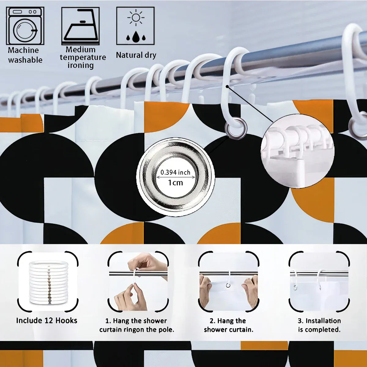 Rideau de Douche Étanche à Motifs Géométriques – Multi-tailles avec Crochets Inclus, Installation Facile